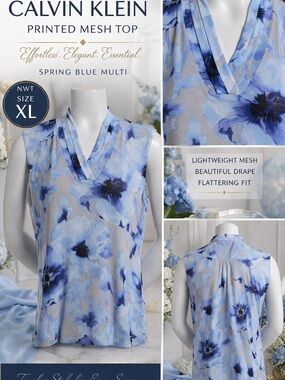 Calvin Klein Printed Mesh V Neck Top XL NWT Spring Blue Floral Blouse Office